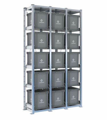 Scaffale H2000 a 3 campate con 15 contenitori Euro 400x300x320h, vista prospettica