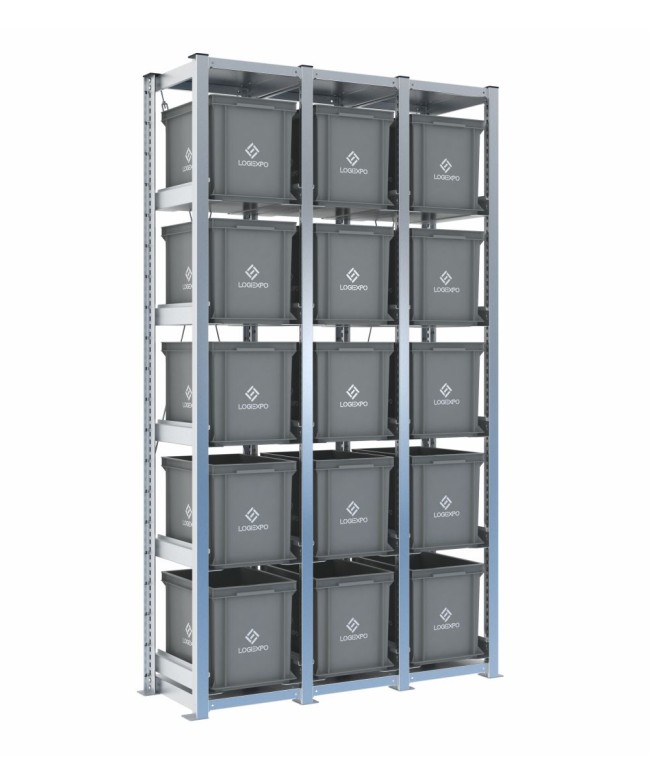 Scaffale H2000 a 3 campate con 15 contenitori Euro 400x300x320h, vista prospettica