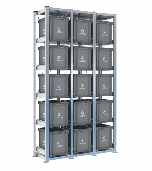 Scaffale H2000 a 3 campate con 15 contenitori Euro 400x300x320h, vista prospettica