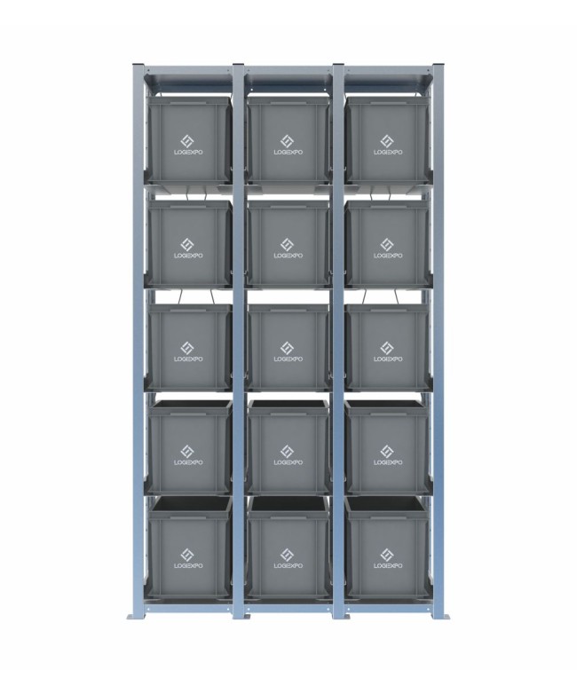 Scaffale H2000 a 3 campate con 15 contenitori Euro 400x300x320h, vista frontale