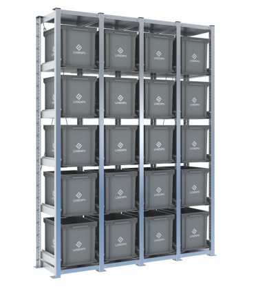 Scaffale H2000 a 4 campate con 20 contenitori Euro 400x300x320h, vista prospettica