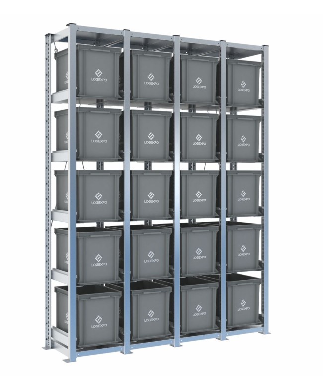 Scaffale H2000 a 4 campate con 20 contenitori Euro 400x300x320h, vista prospettica