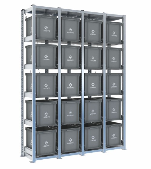 Scaffale H2000 a 4 campate con 20 contenitori Euro 400x300x320h, vista prospettica