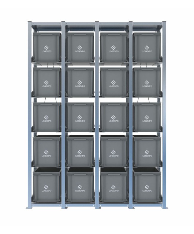 Scaffale H2000 a 4 campate con 20 contenitori Euro 400x300x320h, vista frontale
