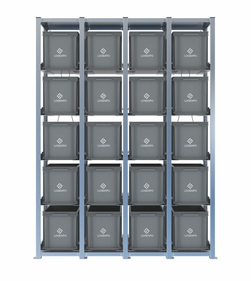 Scaffale H2000 a 4 campate con 20 contenitori Euro 400x300x320h, vista frontale