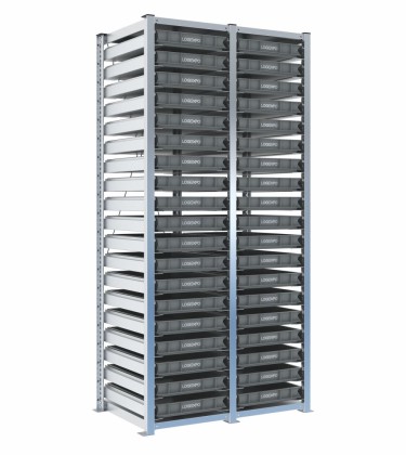 Scaffale H2000 a 2 campate con 38 contenitori Euro 600x400x70h, vista prospettica
