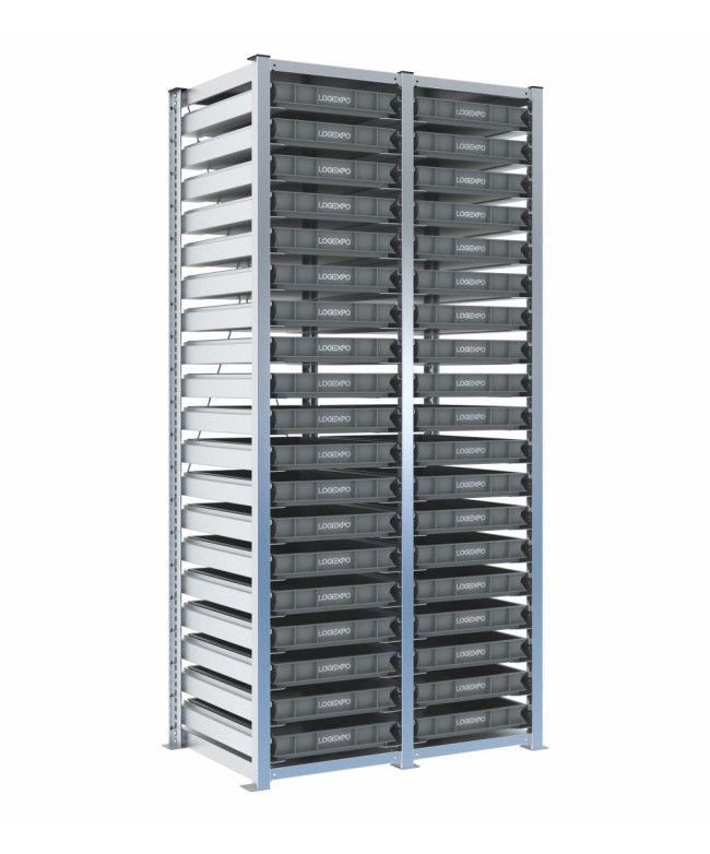 Scaffale H2000 a 2 campate con 38 contenitori Euro 600x400x70h, vista prospettica