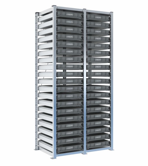 Scaffale H2000 a 2 campate con 38 contenitori Euro 600x400x70h, vista prospettica