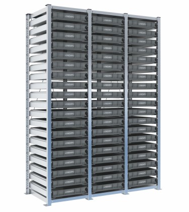 Scaffale H2000 a 3 campate con 57 contenitori Euro 600x400x70h, vista prospettica