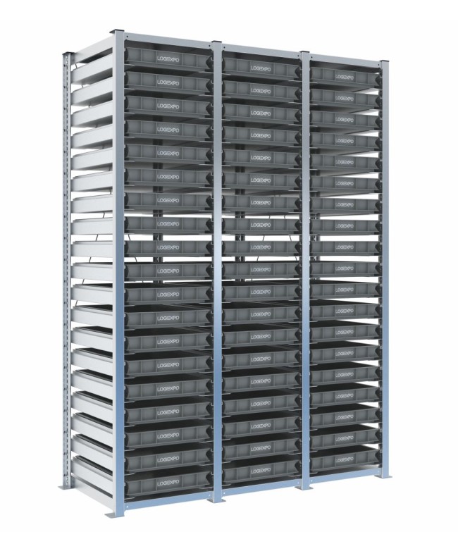 Scaffale H2000 a 3 campate con 57 contenitori Euro 600x400x70h, vista prospettica