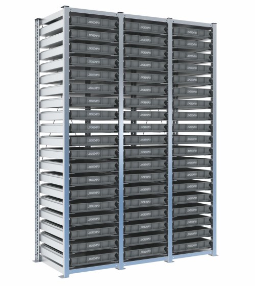Scaffale H2000 a 3 campate con 57 contenitori Euro 600x400x70h, vista prospettica