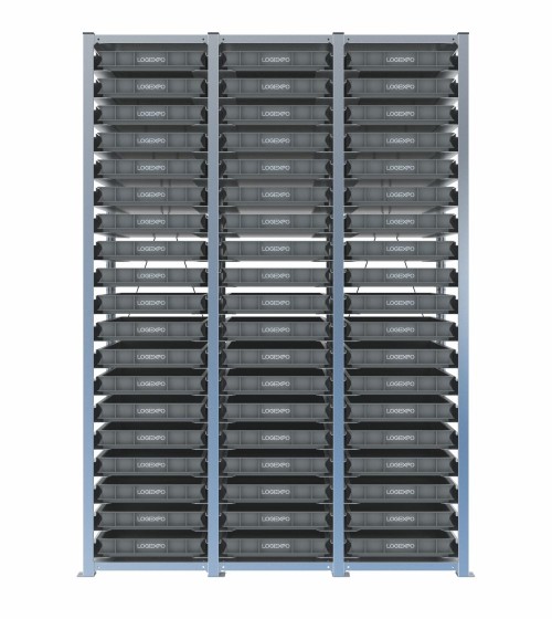 Scaffale H2000 a 3 campate con 57 contenitori Euro 600x400x70h, vista frontale