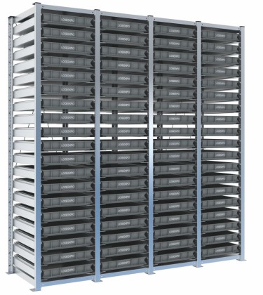 Scaffale H2000 a 4 campate con 76 contenitori Euro 600x400x70h, vista prospettica