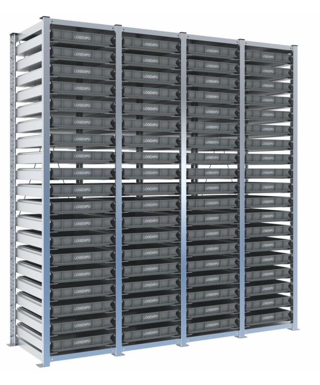 Scaffale H2000 a 4 campate con 76 contenitori Euro 600x400x70h, vista prospettica
