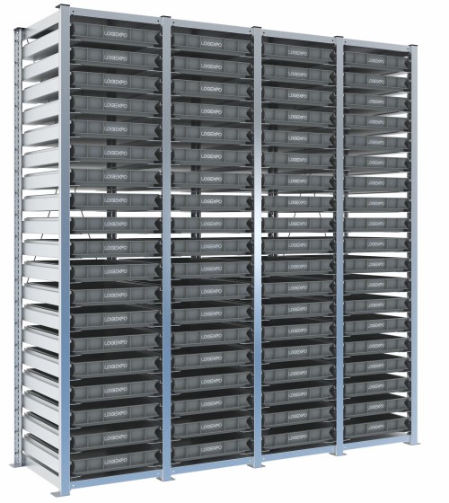 Scaffale H2000 a 4 campate con 76 contenitori Euro 600x400x70h, vista prospettica