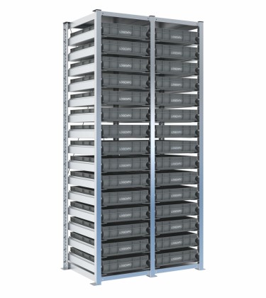 Scaffale H2000 a 2 campate con 30 contenitori Euro 600x400x100h, vista prospettica