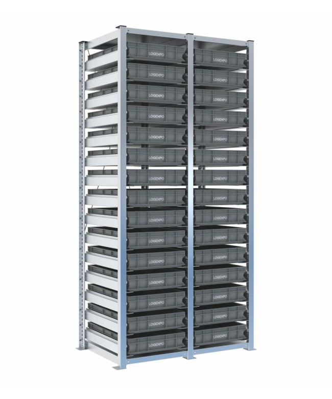 Scaffale H2000 a 2 campate con 30 contenitori Euro 600x400x100h, vista prospettica