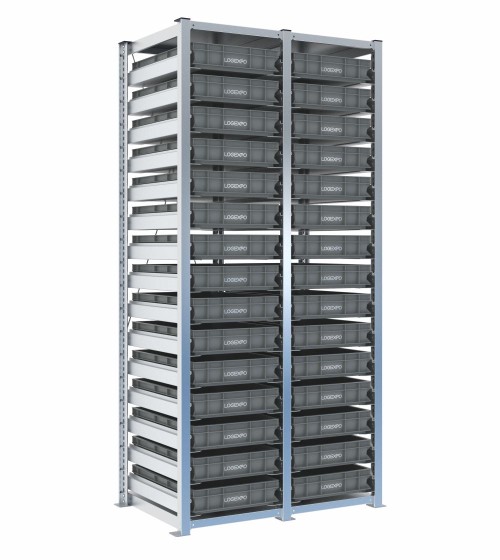 Scaffale H2000 a 2 campate con 30 contenitori Euro 600x400x100h, vista prospettica