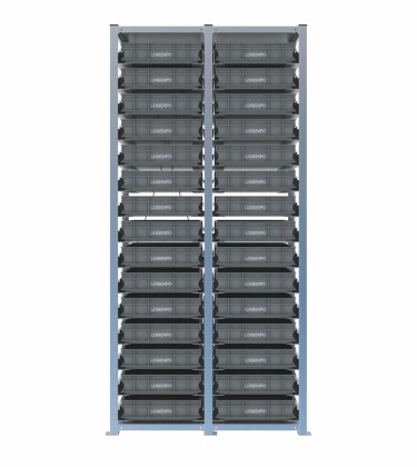 Scaffale H2000 a 2 campate con 30 contenitori Euro 600x400x100h, vista prospettica 2