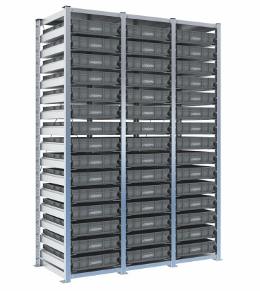 Scaffale H2000 a 3 campate con 45 contenitori Euro 600x400x100h, vista prospettica