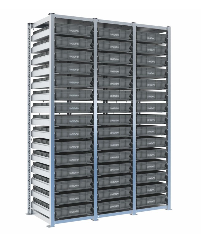Scaffale H2000 a 3 campate con 45 contenitori Euro 600x400x100h, vista prospettica