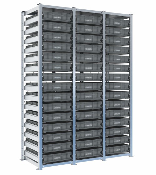 Scaffale H2000 a 3 campate con 45 contenitori Euro 600x400x100h, vista prospettica