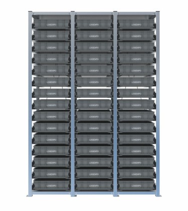 Scaffale H2000 a 3 campate con 45 contenitori Euro 600x400x100h, vista prospettica 2