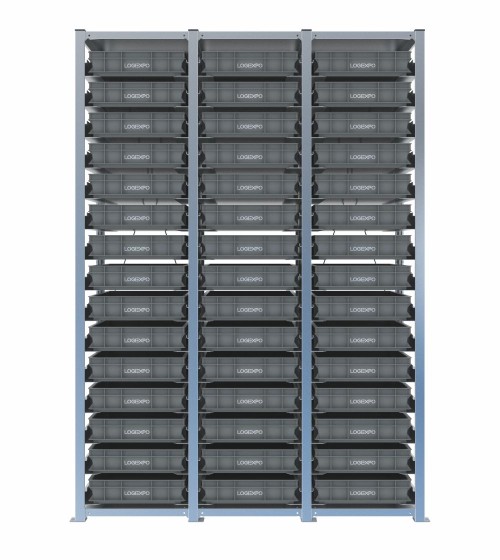 Scaffale H2000 a 3 campate con 45 contenitori Euro 600x400x100h, vista frontale