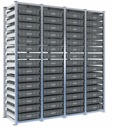 Scaffale H2000 a 4 campate con 60 contenitori Euro 600x400x100h, vista prospettica