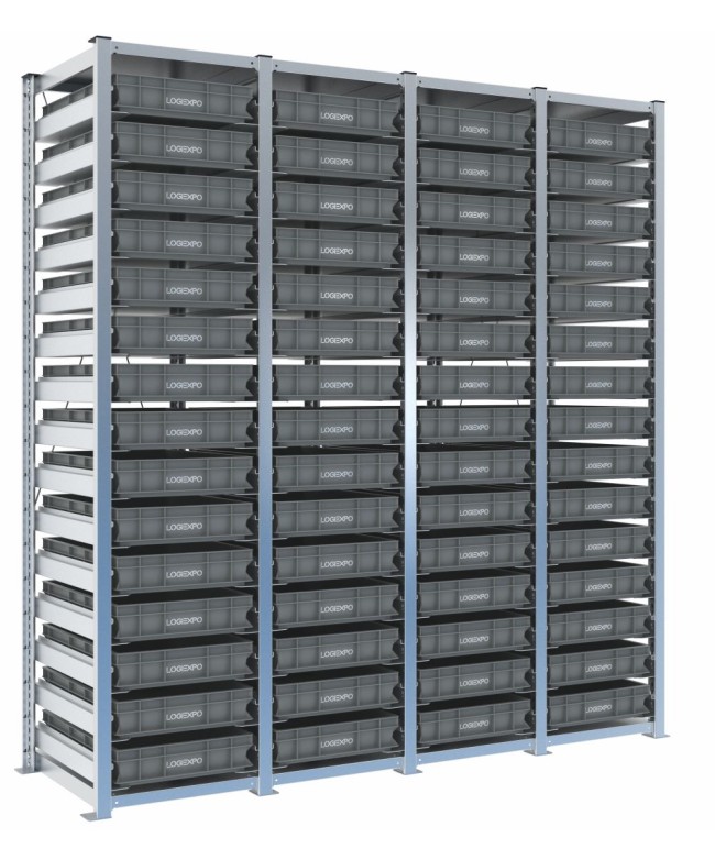 Scaffale H2000 a 4 campate con 60 contenitori Euro 600x400x100h, vista prospettica