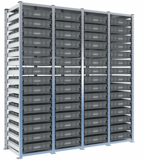 Scaffale H2000 a 4 campate con 60 contenitori Euro 600x400x100h, vista prospettica