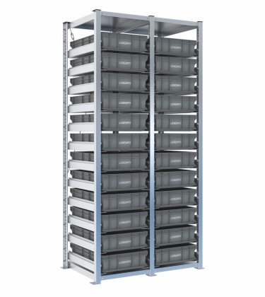 Scaffale H2000 a 2 campate con 24 contenitori Euro 600x400x130h, vista prospettica