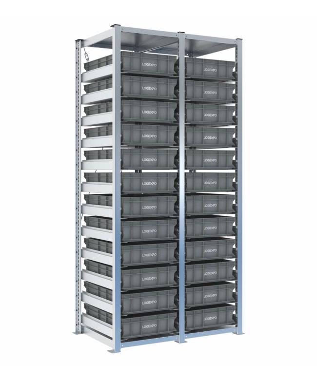 Scaffale H2000 a 2 campate con 24 contenitori Euro 600x400x130h, vista prospettica