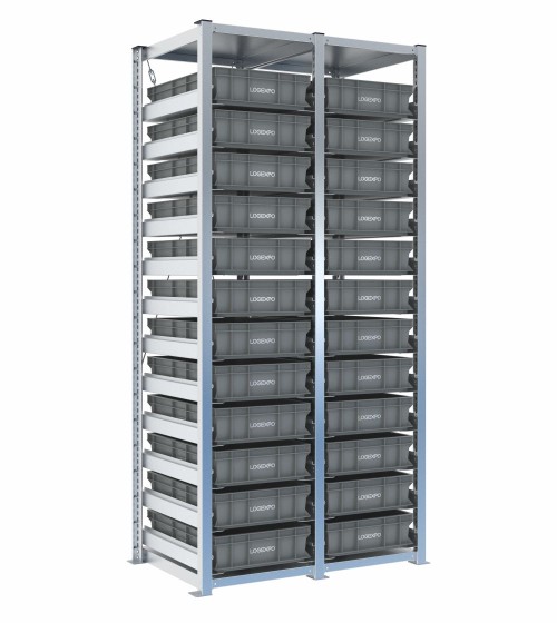 Scaffale H2000 a 2 campate con 24 contenitori Euro 600x400x130h, vista prospettica