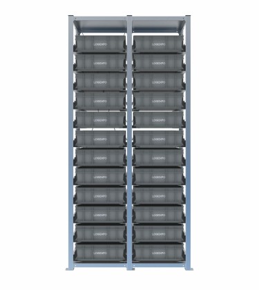 Scaffale H2000 a 2 campate con 24 contenitori Euro 600x400x130h, vista prospettica 2