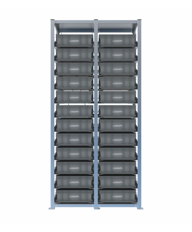 Scaffale H2000 a 2 campate con 24 contenitori Euro 600x400x130h, vista frontale