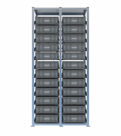 Scaffale H2000 a 2 campate con 24 contenitori Euro 600x400x130h, vista frontale