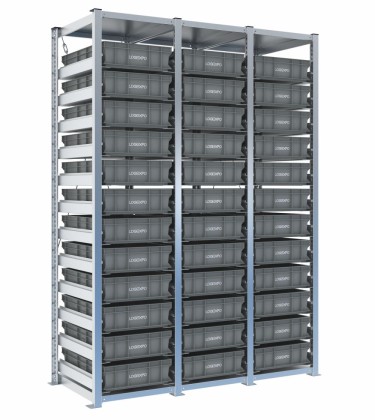 Scaffale H2000 a 3 campate con 36 contenitori Euro 600x400x130h, vista prospettica