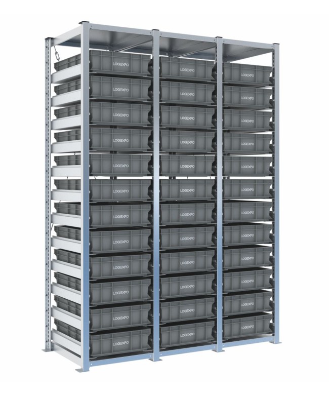 Scaffale H2000 a 3 campate con 36 contenitori Euro 600x400x130h, vista prospettica