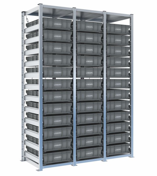 Scaffale H2000 a 3 campate con 36 contenitori Euro 600x400x130h, vista prospettica