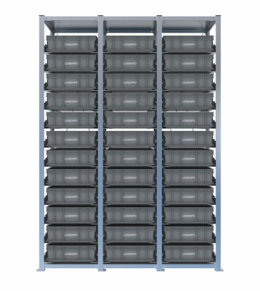 Scaffale H2000 a 3 campate con 36 contenitori Euro 600x400x130h, vista prospettica 2