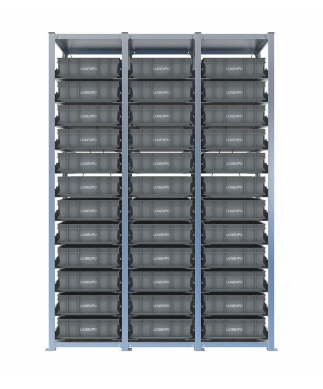 Scaffale H2000 a 3 campate con 36 contenitori Euro 600x400x130h, vista frontale