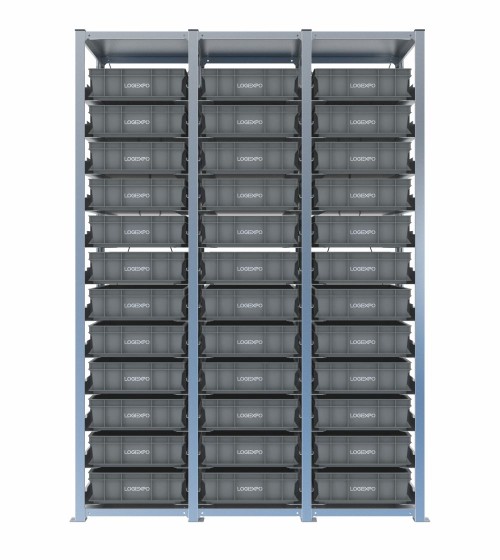 Scaffale H2000 a 3 campate con 36 contenitori Euro 600x400x130h, vista frontale