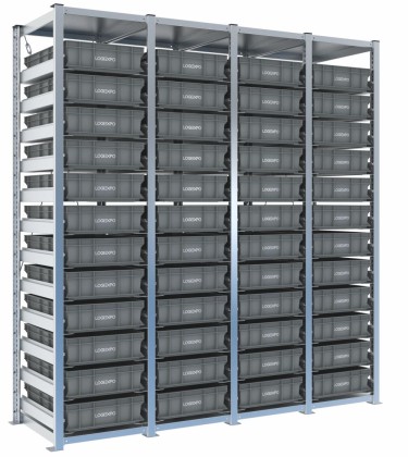 Scaffale H2000 a 4 campate con 48 contenitori Euro 600x400x130h, vista prospettica