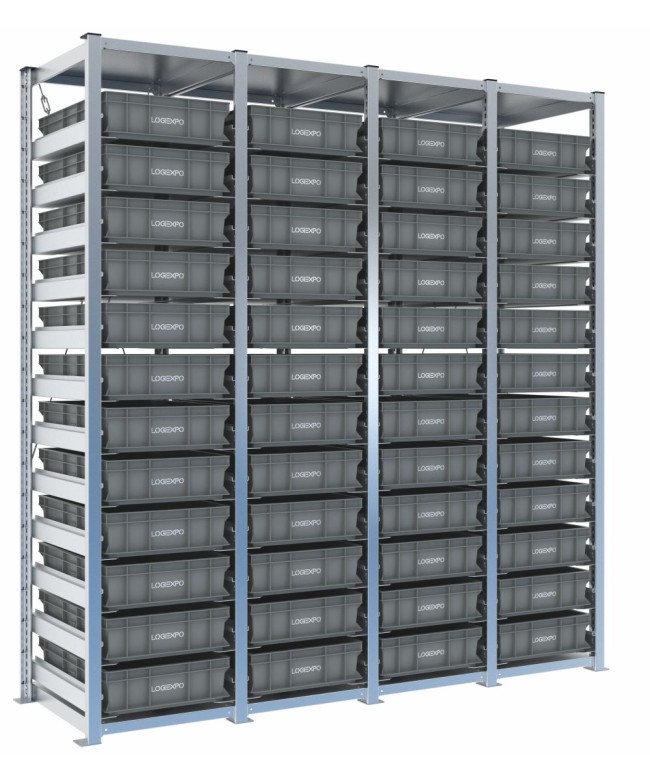 Scaffale H2000 a 4 campate con 48 contenitori Euro 600x400x130h, vista prospettica