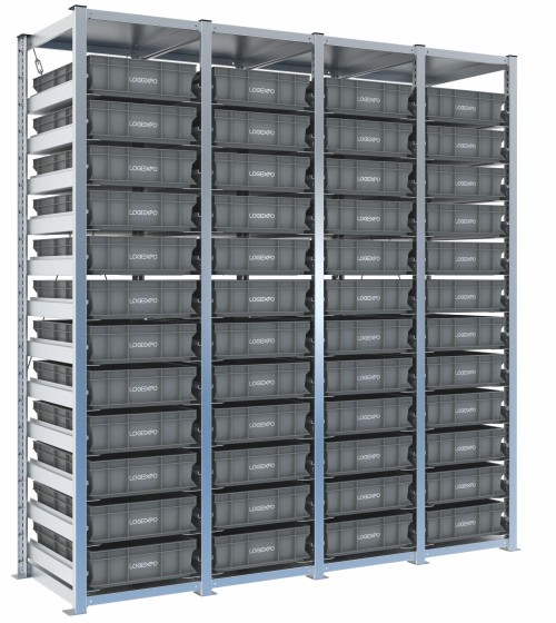 Scaffale H2000 a 4 campate con 48 contenitori Euro 600x400x130h, vista prospettica