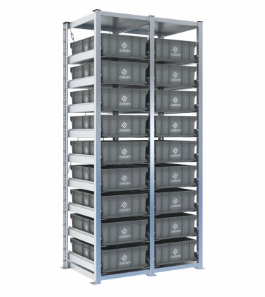 Scaffale H2000 a 2 campate con 18 contenitori Euro 600x400x170h, vista prospettica