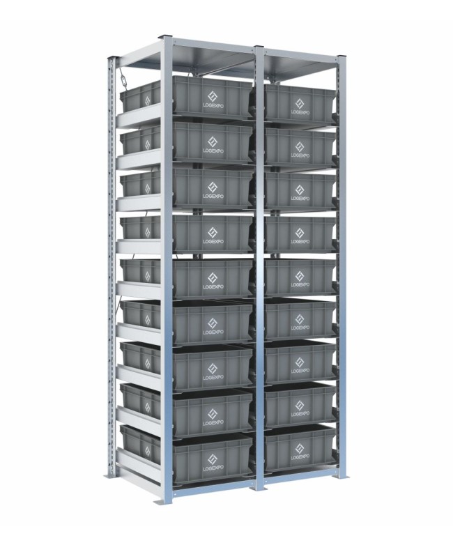 Scaffale H2000 a 2 campate con 18 contenitori Euro 600x400x170h, vista prospettica