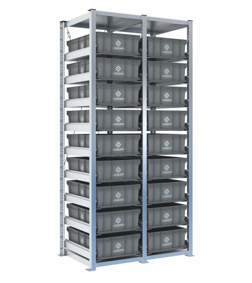 Scaffale H2000 a 2 campate con 18 contenitori Euro 600x400x170h, vista prospettica