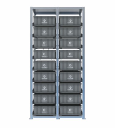 Scaffale H2000 a 2 campate con 18 contenitori Euro 600x400x170h, vista prospettica 2